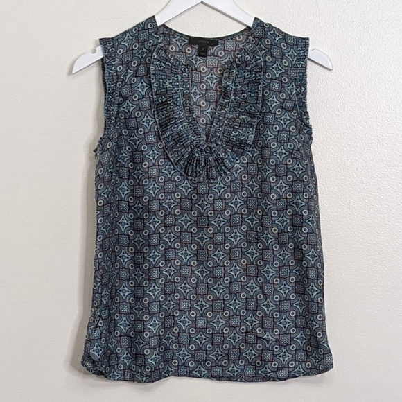 J. Crew Blue Geometric Ruffled 100% Silk Sleeveless Blouse Size 0 - Picture 1 of 8